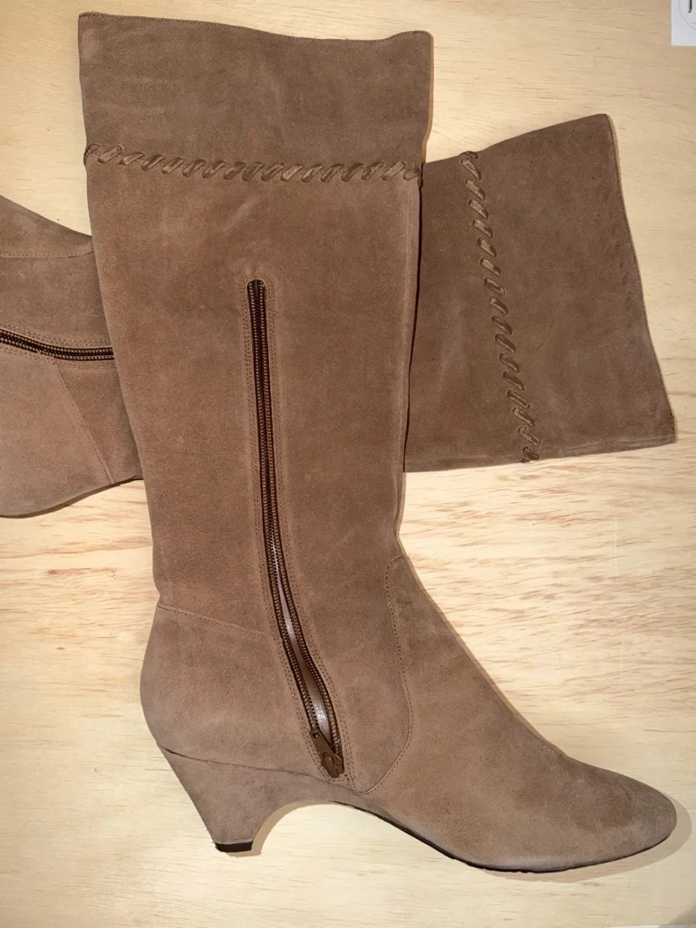 Anne Klein Taupe Suede Knee-High Wedge Boots - Picture 4 of 6